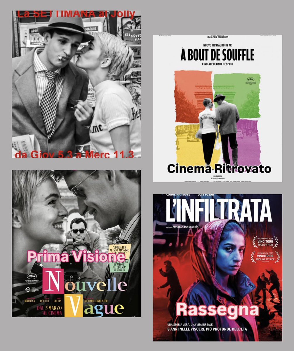 Settimana da Giov 5/3 Merc 11/3

🎞️ NOUVELLE VAGUE di Richard Linklater 
E, in concomitanza all’uscita di questo Film  potremo rivedere il capolavoro della ‘nouvelle vague’
📽️ FINO ALL’ULTIMO RESPIRO

🎞️ L’INFILTRATA
👉 in Rassegna

Per Info e Orari jolly2.com
