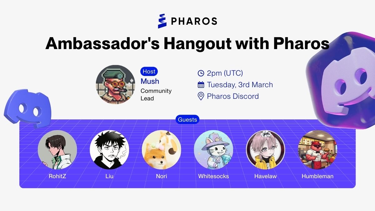 Pharos Ambassadors Hangout вже зовсім скоро 🚀👋 

Pharos проводить спеціальний Ambassadors Hangout у Discord — це невимушена ком’юніті-сесія, де ви зможете напряму почути думки амбасадорів Pharos.

Це можливість дізнатися про:
- Їхні думки щодо Pharos
- Їхнє бачення того, куди