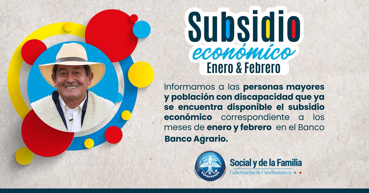 SocialCundi's tweet photo. 👵👴♿ Atención personas mayores y población con discapacidad

Ya está disponible el subsidio económico de enero y febrero en el Banco Agrario 💰🏦

Seguimos trabajando por su bienestar y dignidad, garantizando acceso oportuno a estos recursos 🤝✨

#PersonasMayores #Discapacidad https://t.co/cw1853YCSE