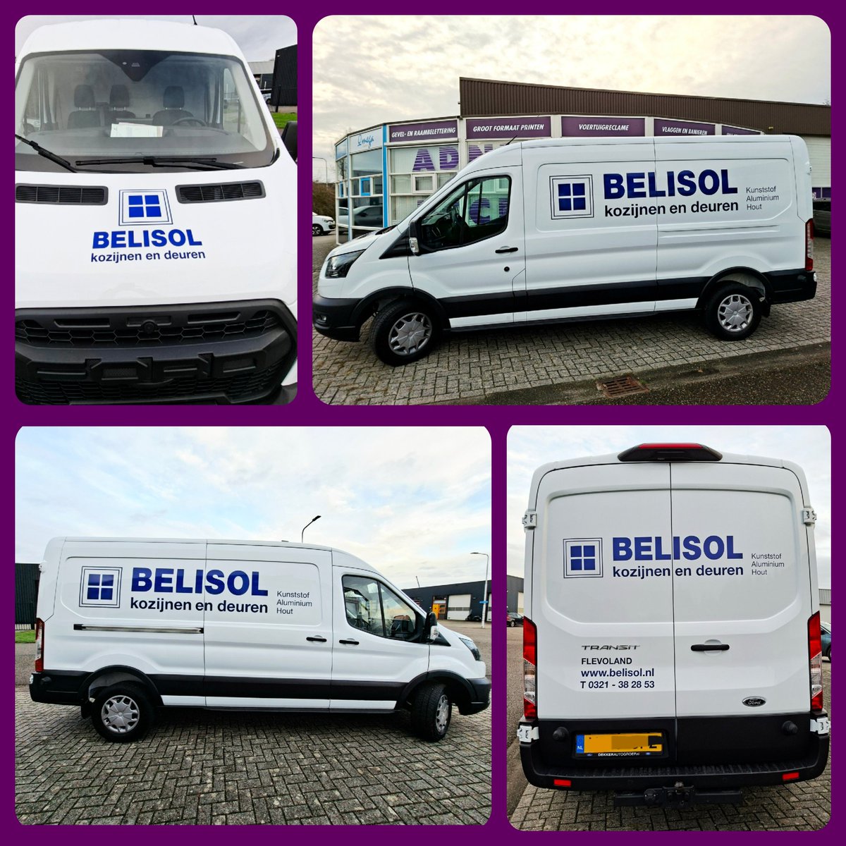 De nieuwe Ford Transit van Belisol beletterd..