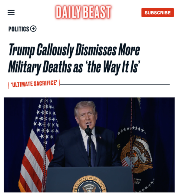 Four American service members have died already since Trump started this war. My heart is heavy for their families &amp; loved ones.  
 
And the President’s response? He said more troops are “likely” to die &amp; that’s just the “way it is.”  
 
He’s wrong. We never have to accept that.