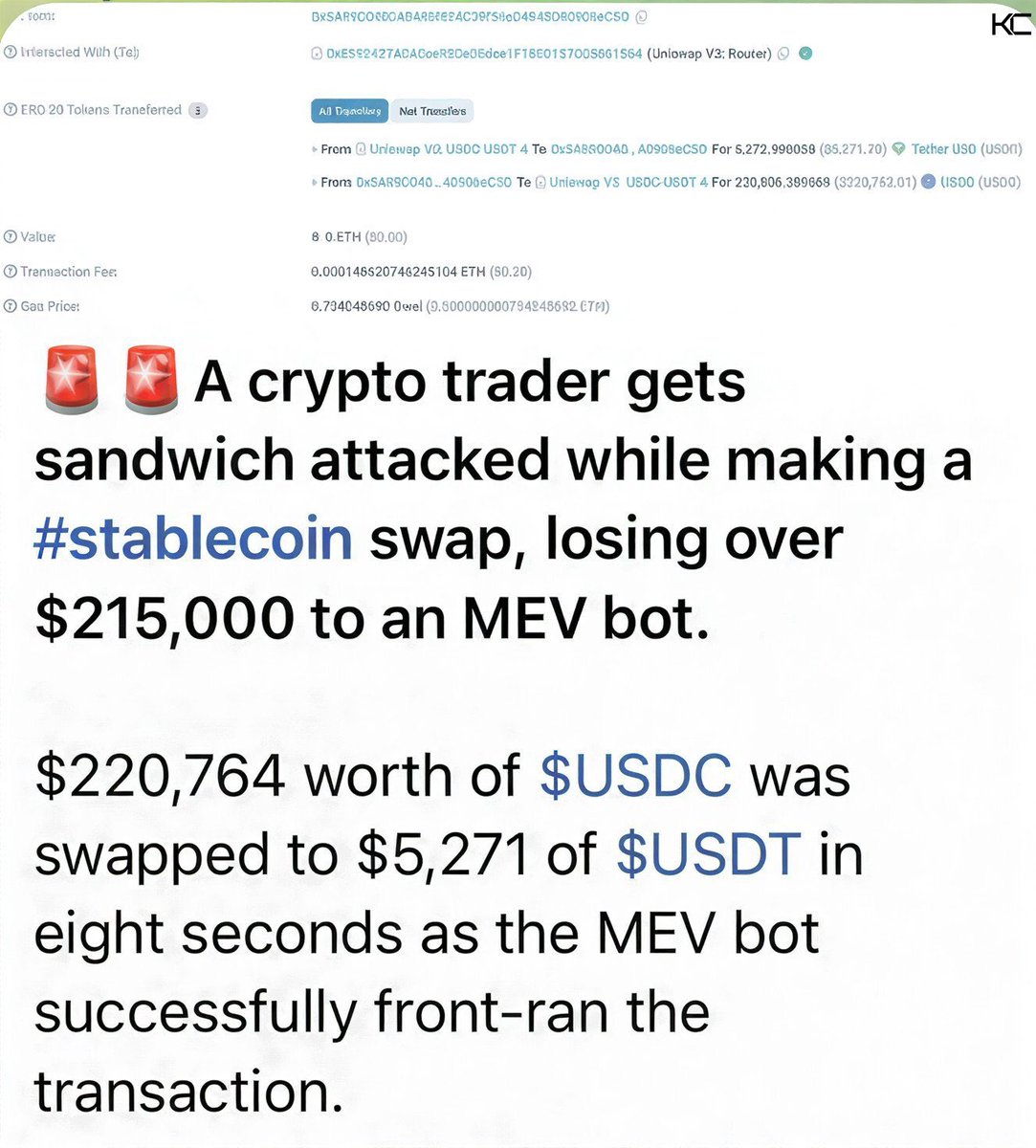 Over $214,000 lost in one click.
Sandwich attacks are real‼️
 
Here are Some of the ways you can avoid it repost and quote for others to see👇

- Use a private RPC: you can install it in your wallet. 

 (add to MetaMask / your wallet: 🔗https://rpc.flashbots . net)

- MEV Blocker