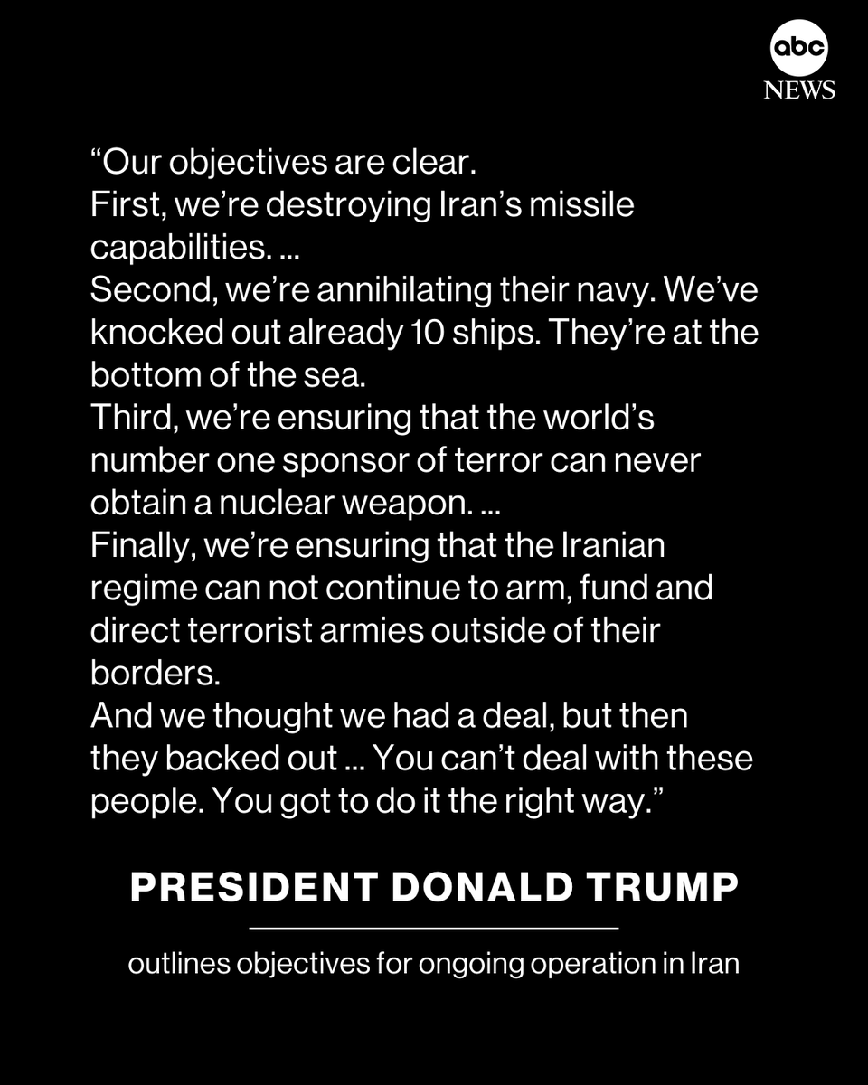 ABC's tweet photo. "You can't deal with these people. You got to do it the right way."
 
President Trump outlined "clear" objectives for the ongoing operation in Iran in his first public remarks since the strikes began Saturday. https://t.co/JBZW9a3RBn https://t.co/jFUcpyR9N8
