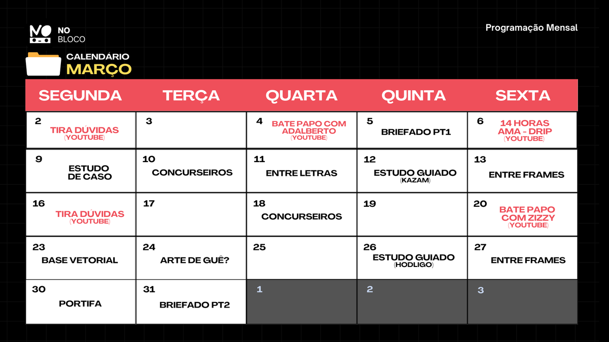 NoBloco_br's tweet photo. Cronograma da comunidade nesse mês ta cheio! 

Eventos que trazem conhecimento sobre técnica de arte, desenvolvimento de carreira e, claro, WEB3

E com participação de gigantes como @drip_haus @zizzyza &amp; Adalberto https://t.co/6885zrSyUF