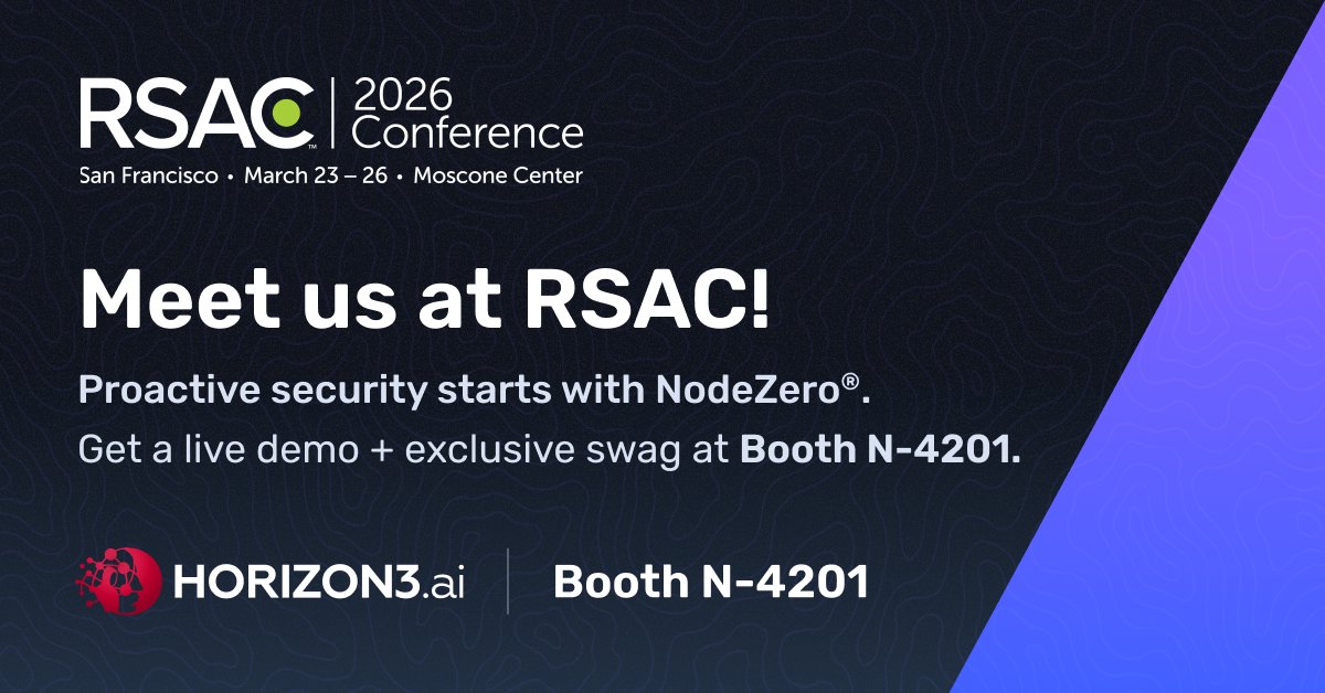 Horizon3ai's tweet photo. #RSAC2026 is almost here, and we’ll be at Booth N-4201 with industry experts ready to connect. Stop by to see how teams are using AI-driven offensive security to:

✔️ Expose real attack paths — and the business impact behind them
✔️ Prioritize what’s truly exploitable
✔️ Prove fixes actually change attacker outcomes
✔️ Operationalize pentesting into a continuous Hack-Fix-Verify-Repeat cycle

We’re also participating in multiple events throughout the week — including the @nightdragon Innovation Summit, RSAC Public Sector Day, and more.

📆 Book your #NodeZero demo and see our full event lineup at https://t.co/haTMA4smoN. 

#RSA26 #RSAC26 #OffensiveSecurity #AutonomousPentesting