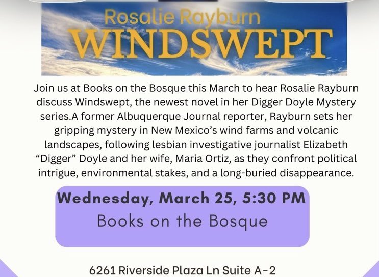ElizabethRaybu2's tweet photo. #BookRecommendations #MysteryforYou #booklovers Mark your calendar for this Albuquerque event: Book signing for my latest Digger Doyle Mystery “Windswept”, March 25, 5:30 at Books on the Bosque https://t.co/lrpdyu2Gfs