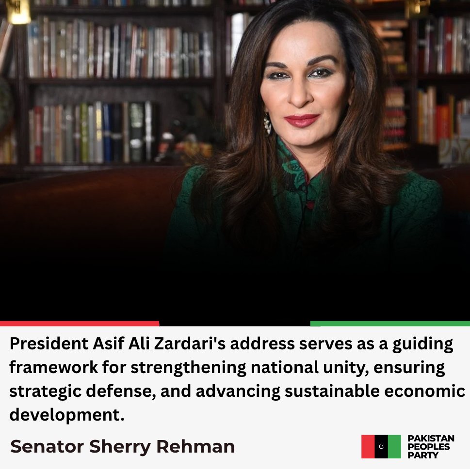 PPP_Org's tweet photo. Vice President of PPP, Senator @sherryrehman  pays tribute to President Asif Ali Zardari for his 9th address to the joint session of Parliament, describing it as a powerful reflection of national dignity, unity, and democratic continuity.
Read more:https://t.co/vBssD8hZ7y https://t.co/8BRIm2DxAS