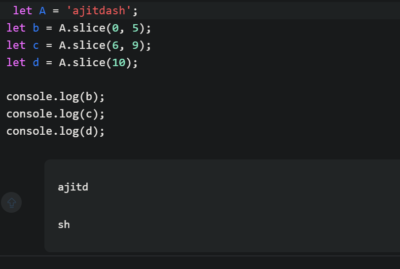 DhananjayM82's tweet photo. Learned two more string methods .
trim() → removes extra spaces 
slice() → extracts part of a string 
Ex: let text = "  hello  "
 console.log(text.trim()) 
let word = "JavaScript" 
console.log(word.slice(0, 4))
String methods make text manipulation easier #100DaysOfCode #webdev https://t.co/gEPanffHXJ