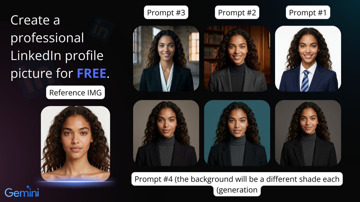 TOPSTR1X's tweet photo. How to create a strong LinkedIn profile picture using AI, completely free.

Hey everyone! Here’s a little gift of value for beginners 🙂

I see a lot of people trying to generate an AI profile photo, but they end up with a result that doesn’t look great..

In practice, the difference is almost always in the prompt, and we “dress” that prompt on the best generation model for this exact situation. In our case, as of this month (March 2026), Nano Banana 2 (formerly Nano Banana Pro) is the strongest model.

To access this model, open a new chat at: https://t.co/myiRPQhjJa

Upload your selfie to the chat and simply send it one of the prompts I prepared for you below.
(like the image examples in the post)

So here are 4 prompts that work amazingly for professional profile photos that communicate business and are optimized for LinkedIn:

Prompt #1 Classic Corporate
Professional LinkedIn headshot, clean seamless white studio background, formal business attire including a tailored navy suit jacket, crisp white dress shirt, and a classic striped silk tie, confident and friendly smile showing teeth, soft high-key studio lighting with wrap-around fill for a polished look, high-resolution corporate portrait, executive profile photo, 8k quality, sharp focus, 1:1 aspect ratio.

Prompt #2 Creative Professional

Professional LinkedIn headshot preserving the specific identity and light green eyes of the character in the attached image, out-of-focus upscale library or wood-paneled study background, formal charcoal grey blazer over a dark turtleneck, warm and friendly genuine smile, dramatic Rembrandt studio lighting with warm amber undertones, high-resolution corporate portrait, sophisticated and creative professional, 8k quality, 1:1 aspect ratio.

Prompt #3 Modern Executive
Professional LinkedIn headshot of the same character from the original photo, blurred minimalist industrial loft background with exposed concrete and soft shadows, formal black suit with a white silk shirt, calm and confident smile, cool-toned cinematic studio lighting, high-resolution corporate portrait, sleek and modern executive profile photo, 8k quality, 1:1 aspect ratio.

Prompt #4 Modern Business Casual
(This is the special prompt, every time you send it again, the background will be a different shade)

Professional modern LinkedIn headshot, clean seamless matte studio background in a color chosen by the AI to perfectly complement the subject's features and modern attire, contemporary business-casual look featuring a dark grey tailored turtleneck worn under a black modern-cut blazer, approachable and confident slight smile, precise cinematic studio lighting with deep soft shadows for definition, high-resolution portrait, sharp focus, 8k quality, 1:1 aspect ratio.

Small tip:

Always use your original photo as a reference to preserve facial identity. Recommended: no glasses, a very close-up photo of your face, as little of your body as possible, mainly a face selfie.
Try to make sure it’s high enough quality.

I recommend sending each prompt with your reference in a new chat, so it won’t get confused and start editing the previous one or mix styles from the earlier prompt.
Hope I gave you some great value.
If you have more questions or guides you’d like, write to me in the comments.

And for anyone who doesn’t know me, I’m Albert (TopStrix).

A content creator since 2009 with over 200,000 followers on YouTube in the gaming space.

In recent years I’ve been working deep in the world of creative AI, both on the creative side and on the developer side.

Right now I’m working on a system called NovaFrame, a system that takes an idea from your head and sends it to a team of AI agents that build a brief, write prompts, generate the image, and run quality checks until the final result is achieved.

If you’re curious to see more things I built or read a bit about me:

https://t.co/ySyw4rZRMU

Always happy to meet new people who are into AI and entrepreneurship.

Have a great day🥰