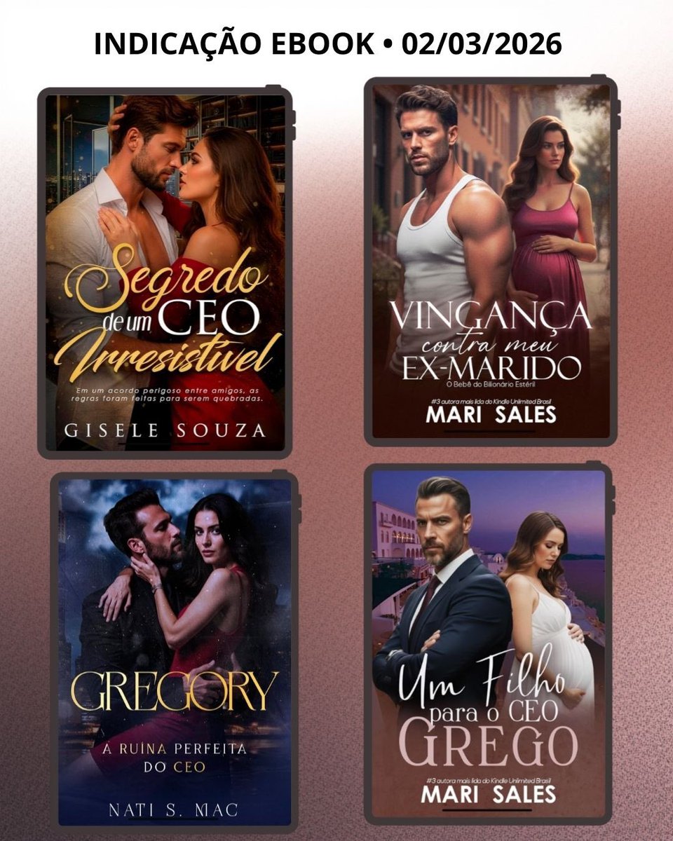 ✨ Segredo de um CEO Irresistível – Gisele Souza
🔗amzn.to/405mLqY
🔥 Vingança Contra Meu Ex-Marido – Mari Sales
🔗a.co/d/0hBEQp1t
💼 Gregory: A ruína perfeita do CEO – Nati S. Mac 
🔗amzn.to/46x7cMm
👶 Um Filho para o CEO Grego 
🔗amzn.to/46x9rPM