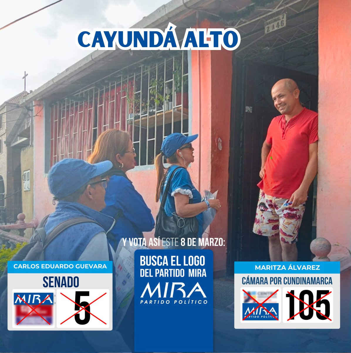 Nuestros líderes Miraístas de Villeta recorrieron los barrios Sixto López y Cayundá Alto, dando a conocer a nuestros candidatos al Senado  y a la Cámara de Representantes Ⓜ️👥
Este 8 de marzo, marca MIRA
🗳️Senado: 5️⃣ <a href="/carlos_guevara/">Carlos Edo Guevara</a>  
🗳️Cámara: 1️⃣0️⃣5️⃣ <a href="/Alvarez_DM1/">Maritza Alvarez</a>