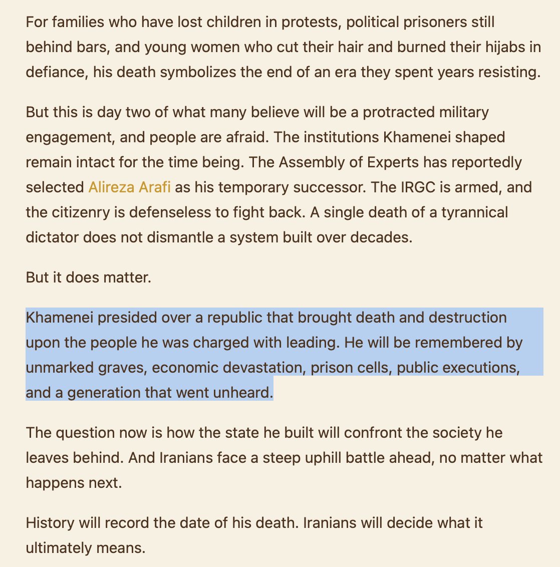 The one obituary of Ayatollah Khamenei you should read.

No whitewashing. No excuses. 

Unlike some of the legacy media who cannot help but indulge in reflexive sanitization of dictators who positioned themselves as anti-Western "resistance figures."

The glow-ups by the FT, NYT