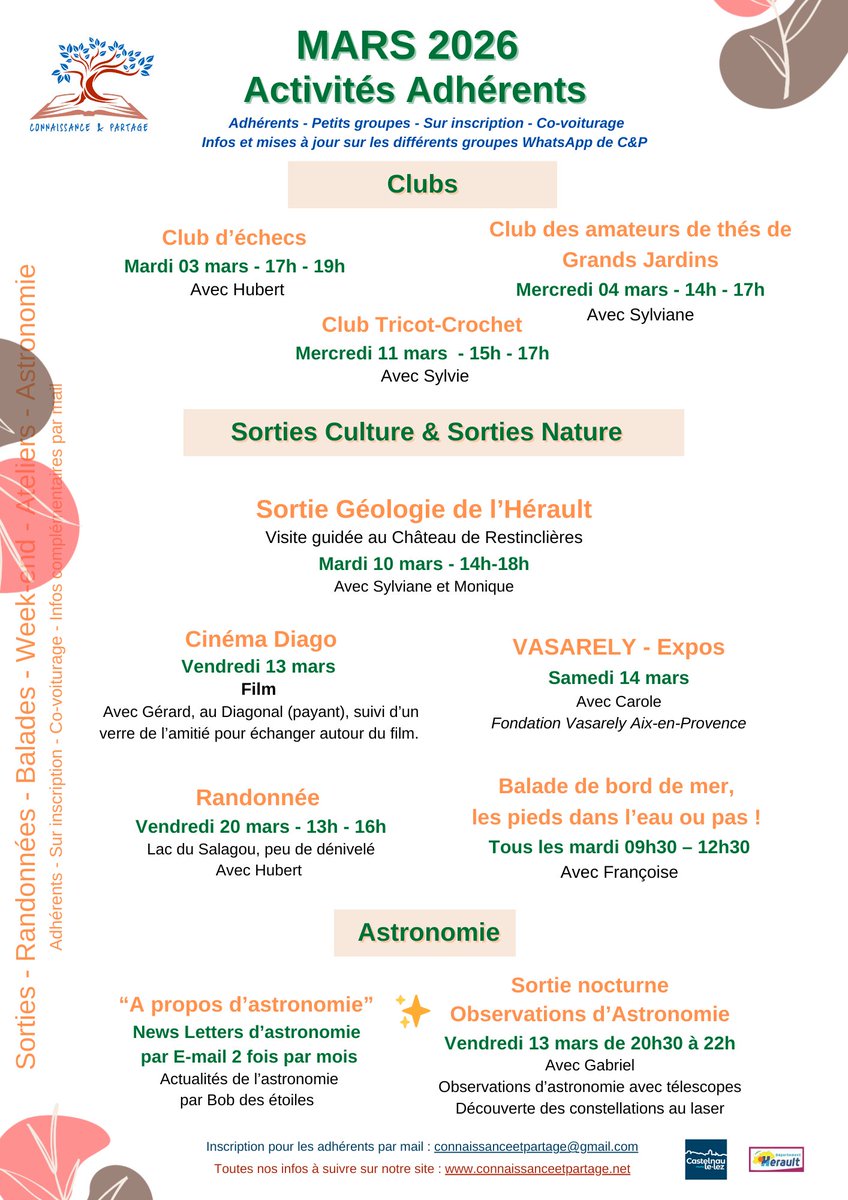 CetPartage's tweet photo. 🌿 MARS 2026 avec Connaissance &amp; Partage 🌿
Un mois riche en culture, nature et découvertes vous attend !
Voici le programme des activités 👇 https://t.co/EPbGbSyZ0e
