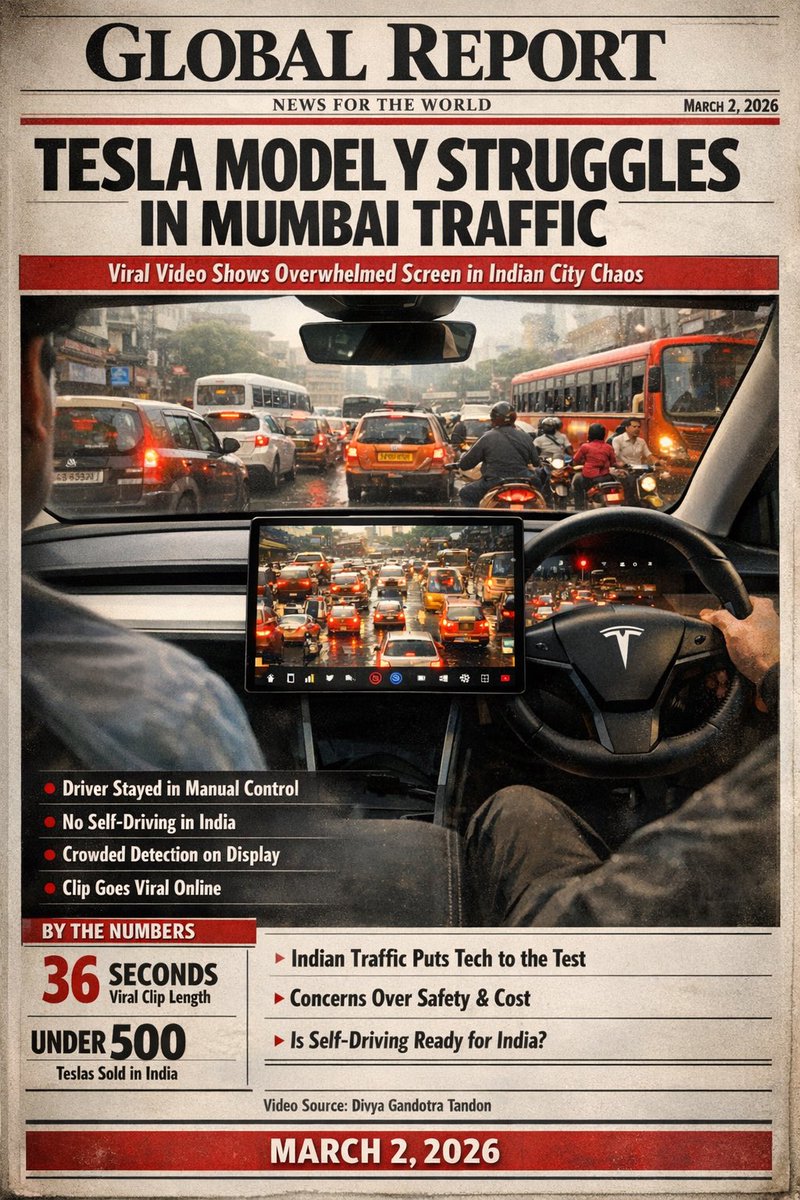 <a href="/divya_gandotra/">Divya Gandotra Tandon</a> 🚨 BREAKING NEWS | AUTO TECH • ROAD SAFETY
Date: 02 March 2026 📅

Tesla Model Y Struggles in Mumbai Traffic

What Happened
• A viral video shows a Tesla Model Y’s screen crowded with detected objects on a busy Mumbai road.
• The driver stayed in manual control as self-driving