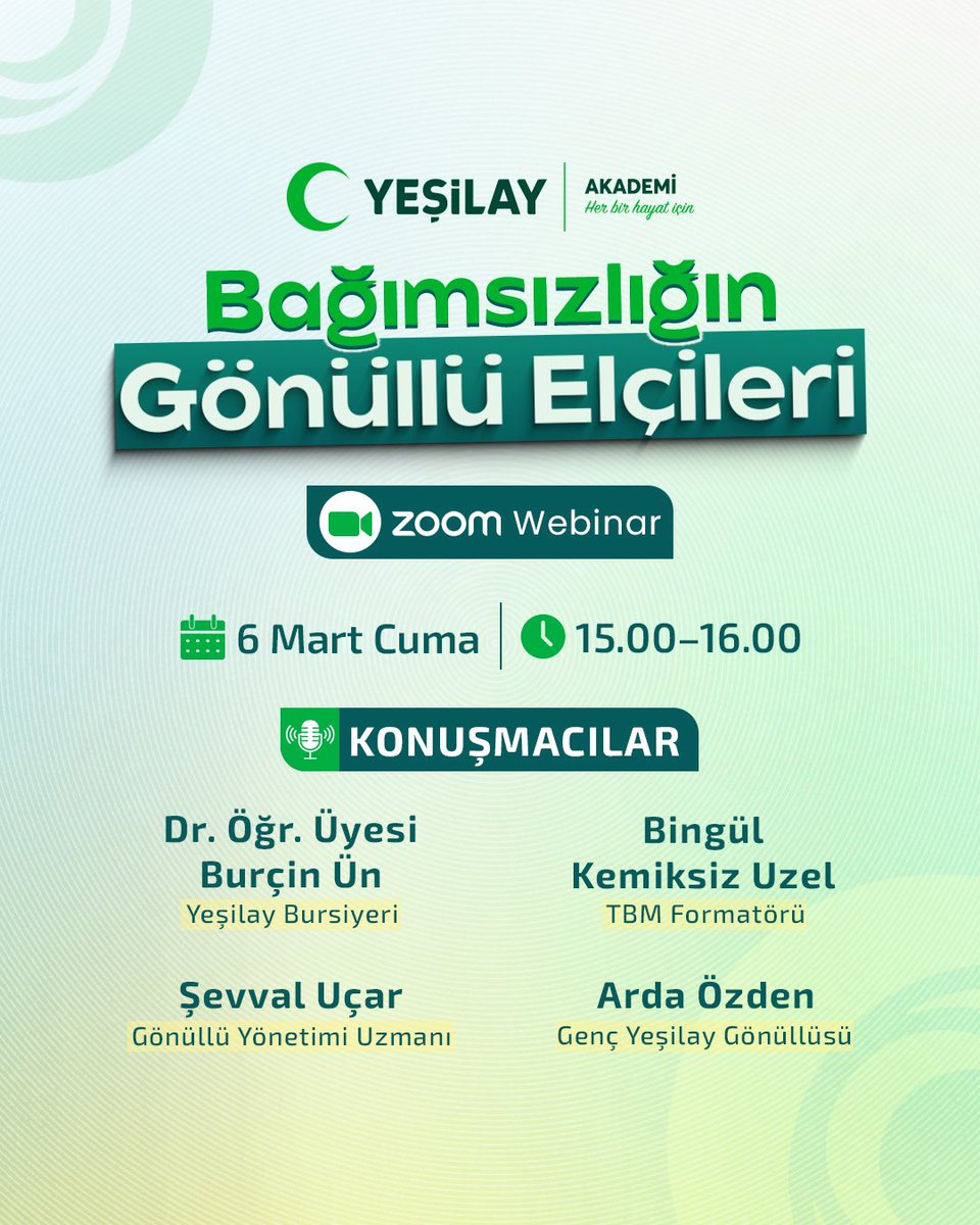 Yeşilay Haftası Özel Webinarı: Bağımsızlığın Gönüllü Elçileri
 
Yeşilay olarak, gönüllülük modelimizi ve sahadaki uygulamalarımızı daha yakından tanımak isteyen herkes için özel bir webinar hazırladık.
 
Programda👇🏻
🔹 Yeşilay’ın gönüllülük modeli ve işleyişi
🔹 Sahada yürütülen