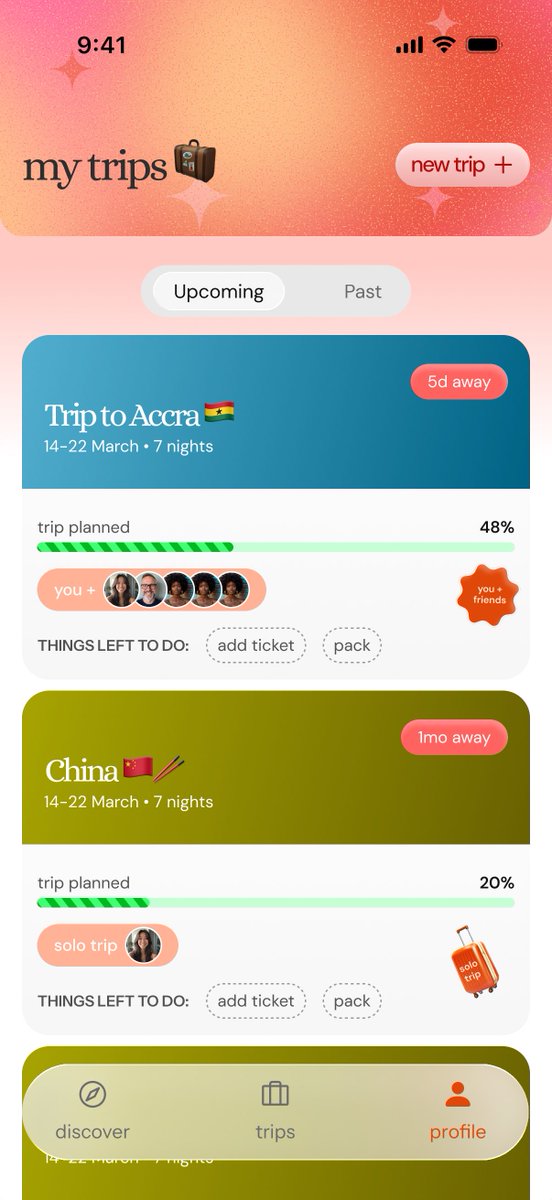 early design screens for treep 🛩️

— a travel app where every adventure gets its own story.