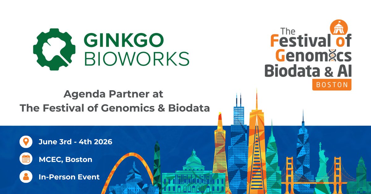 FoGenomics's tweet image. We’re thrilled that @Ginkgo will be exhibiting at The Festival of Genomics, Biodata &amp;amp; AI in Boston! Visit their booth at the Thomas M. Menino Convention &amp;amp; Exhibition Center in June, more details on our website: hubs.la/Q0459X1r0 #FOGBoston #genomics #biodata #AI