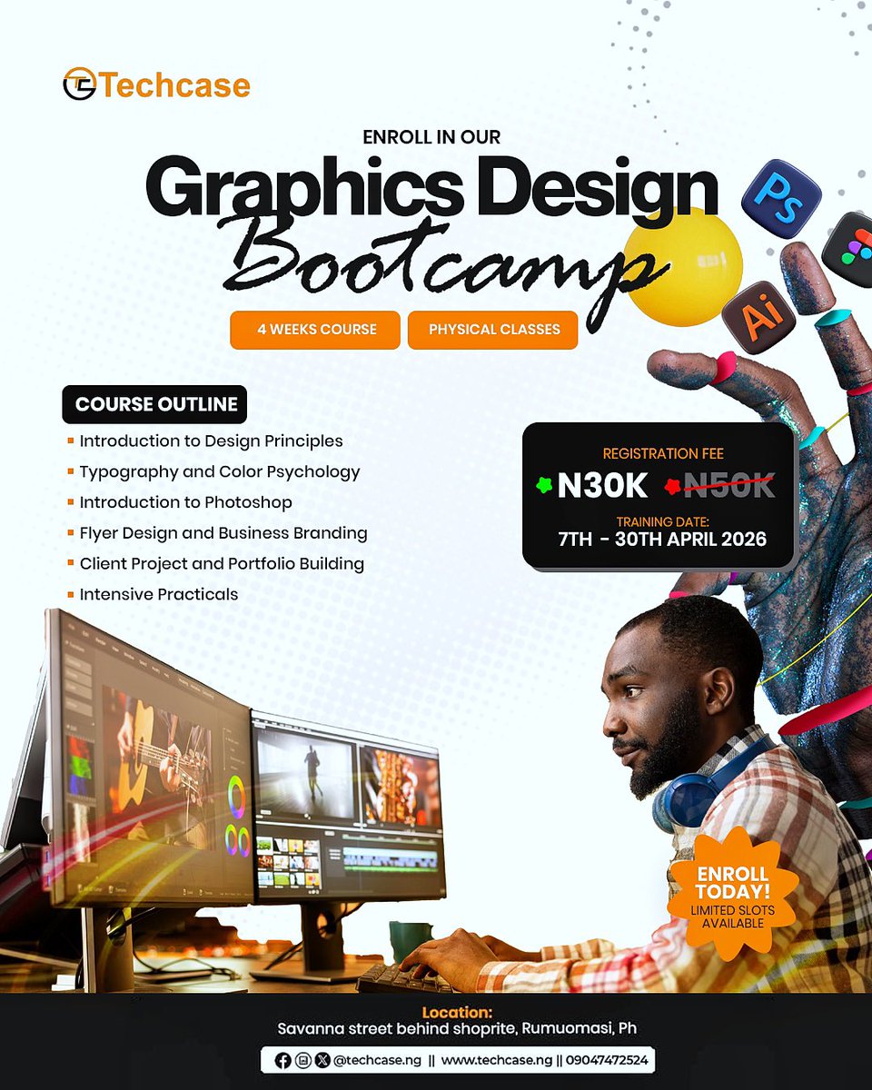 Techcase_ng's tweet photo. Are you in Port Harcourt and ready to learn a high-income digital skill?
Join the Techcase Graphics Design Bootcamp in Port Harcourt and go from beginner to confident designer in just 4 weeks!
Register now: https://t.co/Y9uqRo9nEL
#GraphicDesign #DigitalSkills #Techcase #Tech https://t.co/2hBocorndh