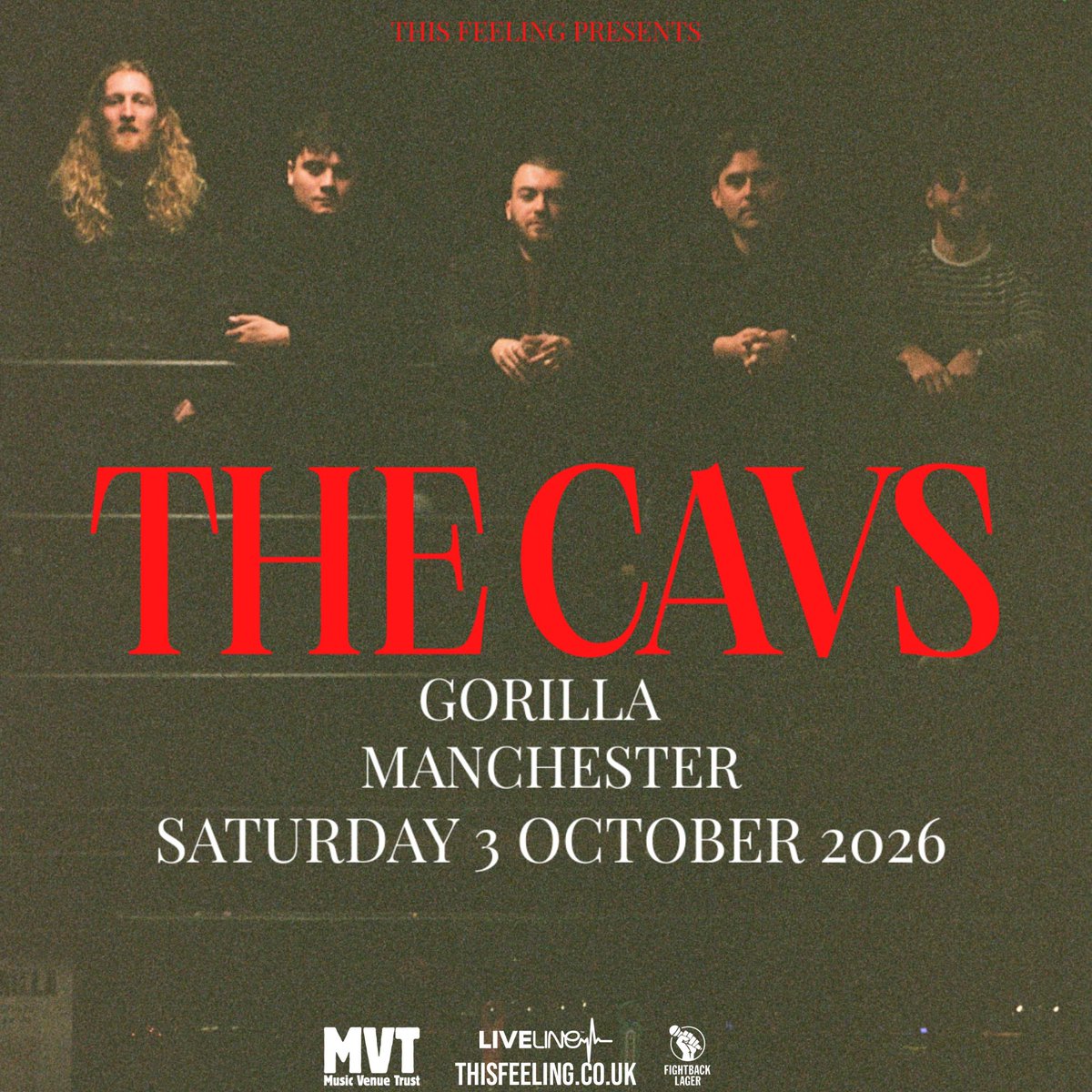 CavsBand's tweet photo. GORILLA. MANCHESTER. 03.10.26.

We’re very happy to announce our next hometown headline show will be on Saturday 3rd October 2026 at Gorilla. 

Presale 10am Wednesday. General sale 10am Friday. 

See you there ❤️

@This_Feeling @musicvenuetrust  @thisisgorilla https://t.co/J67fBOSHuJ