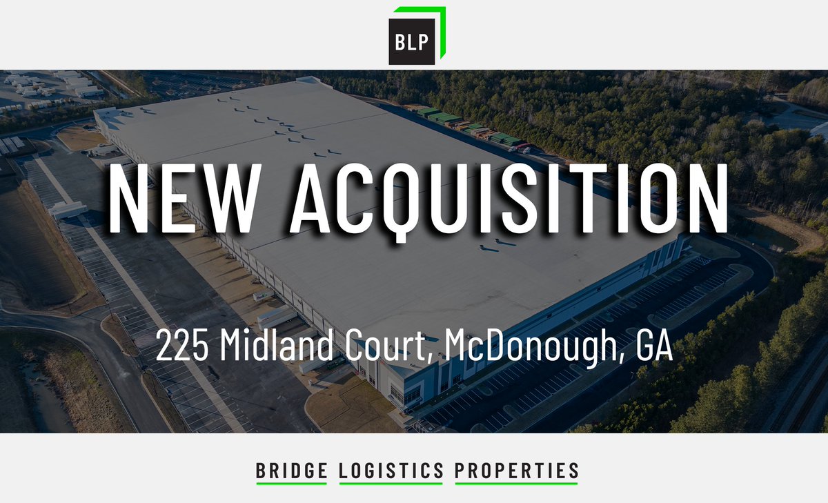 blp_bridge's tweet photo. 🌟𝐍𝐄𝐖 𝐀𝐂𝐐𝐔𝐒𝐈𝐓𝐈𝐎𝐍🌟

BLP is pleased to announce the acquisition of Midland Logistics Center, a 698,068 SF cross-dock distribution facility located at 225 Midland Court in McDonough, GA. The property is 100% leased and strategically positioned between key interchanges with easy access to I-75. The asset features modern logistics specifications, including an ESFR sprinkler system, 36’ clear height, 190’ truck courts, 115 dock-high doors, and ample trailer and auto parking. This acquisition builds on BLP’s momentum in acquiring strategically located assets with stable, durable cash flows.

Thank you to Teddy Driscoll at Atlantic Capital Partners and to Casey Masters and Stewart Calhoun at Cushman & Wakefield for your help in facilitating the transaction!

#Acquisition #Logistics #Industrialrealestate
