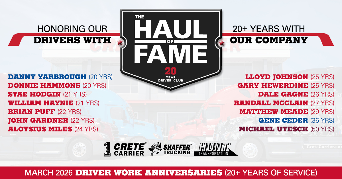 CreteCarrier's tweet photo. Congratulations to our Haul of Fame drivers for March! They're each celebrating their 20+ years anniversary with Crete, Shaffer or Hunt. Thank you all. Special shout out to Gene (36 years) and Michael (50 years)! #trucking #trucker #supplychain https://t.co/bWwg5R99mz