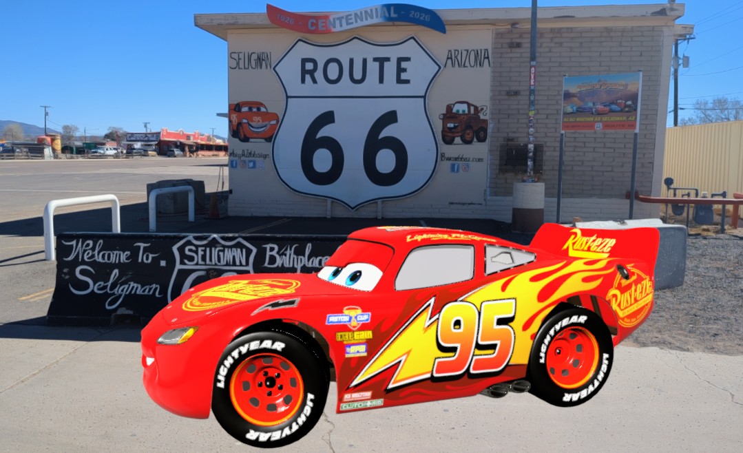 AltTheCollector's tweet photo. Lightning McQueen in Seligman AZ on Route 66.  Radiator Springs! VeVe Digital Collectibles 💙. https://t.co/HAfJn2bk6O