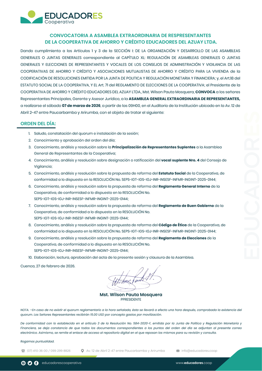 #CONVOCATORIA a Asamblea Extraordinaria de Representantes de la Cooperativa de Ahorro y Crédito Educadores de Azuay Ltda.
#EDUCADOREScooperativa