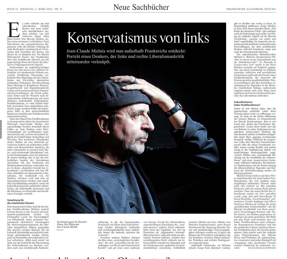 JulianNHofmann's tweet photo. Morgen in der @faznet: Mein Portrait des französischen Philosophen Jean-Claude Michéa, der mit seinem Denken Elemente für einen »Postliberalismus von links« entwickelt: https://t.co/ACXSDOm0Tk