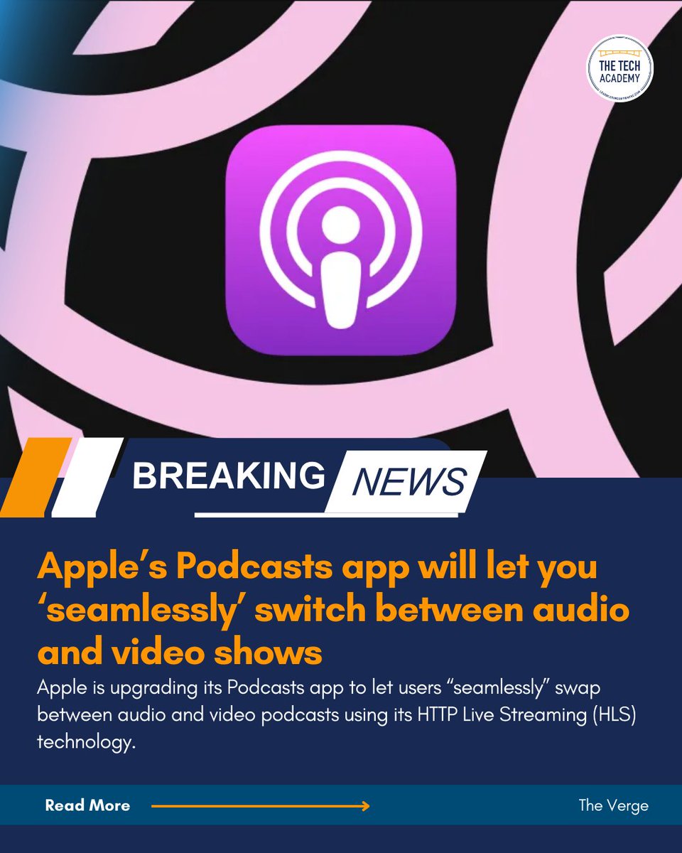 TheTechAcad's tweet photo. Apple is upgrading its Podcasts app to let users seamlessly switch between audio and video.

Read more: https://t.co/Bd5EPIWlcT

#technews #codingbootcaps #tech #softwaredevelopment #programminglanguages #onlinecoding #fullstack https://t.co/V2gBR8NP33