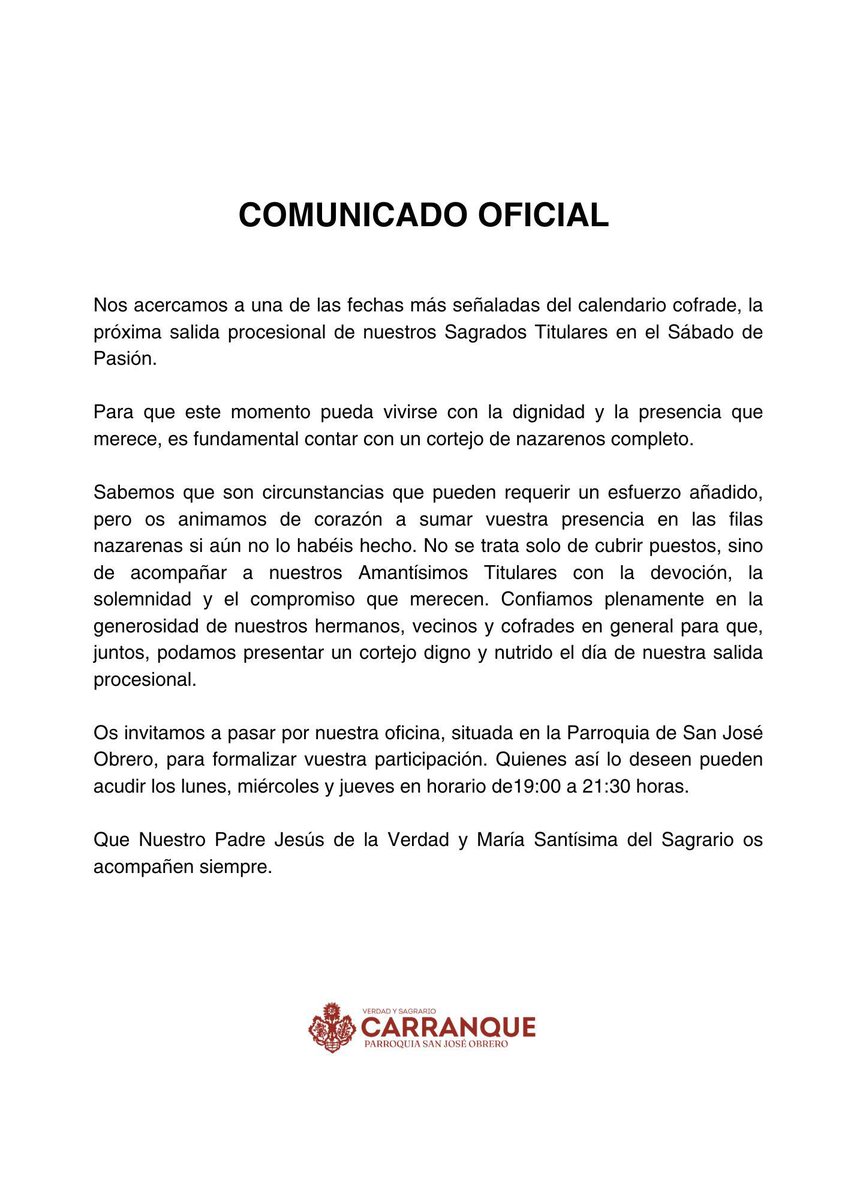 𝐂𝐨𝐦𝐮𝐧𝐢𝐜𝐚𝐝𝐨 𝐨𝐟𝐢𝐜𝐢𝐚𝐥 | Se acerca el sábado de pasión, se 𝗡𝗮𝘇𝗮𝗿𝗲𝗻𝗼 𝗱𝗲 𝗖𝗮𝗿𝗿𝗮𝗻𝗾𝘂𝗲. 

📍𝗜𝗻𝘀𝗰𝗿𝗶𝗽𝗰𝗶𝗼𝗻𝗲𝘀 L 2, X 4 y J 5. 
🕖 19:00–21:30 h 

Si no puedes acudir, contacta a través  de nuestras 𝗿𝗲𝗱𝗲𝘀 𝘀𝗼𝗰𝗶𝗮𝗹𝗲𝘀. 

#CofradíasMLG