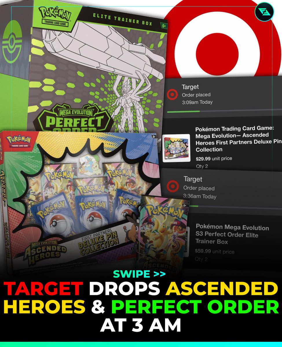 Last night Target 🎯 dropped Ascended Heroes &amp; Perfect Order pre orders around 3 AM 👌ETBs and Premium Collections were all available 🔥

Who was able to hit? Hopefully everyone was able to get a bunch of products for MSRP 🤝