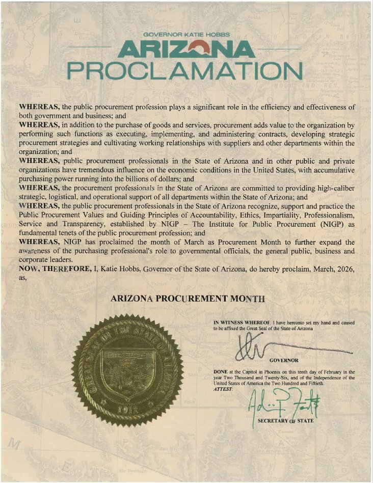 AZNIGP's tweet photo. Happy Procurement Month! Governor Hobbs has issued a Proclamation declaring March as Arizona Procurement Month! How are you going to celebrate and recognize your amazing procurement professionals? https://t.co/Wd3Ftyf9g3