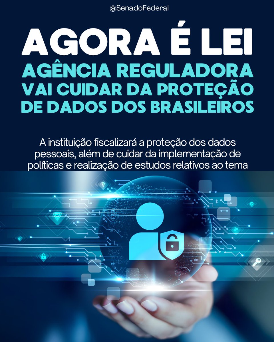SenadoFederal's tweet photo. Foi sancionada a Lei 15.352, de 2026, que institui a Agência Nacional de Proteção de Dados (ANPD). Entre as atribuições da nova Agência está a regulamentação do Estatuto Digital da Criança e do Adolescente (ECA Digital).  https://t.co/v6z90XNrcc https://t.co/Dgq3qYvbVh