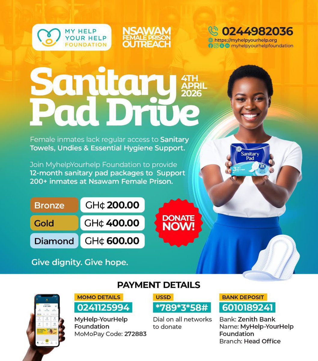 MHYHFoundation's tweet photo. SANITARY PAD DRIVE

Female inmates lack regular access to sanitary towels, Undies &amp; essential hygiene support.

Let's provide *12-month sanitary pad packages to 200+ inmates at Nsawam Female Prison

Bronze – GHS 200.00
Gold     – GHS 400.00
Diamond – GHS *600.00 https://t.co/5wiuUPYZTh