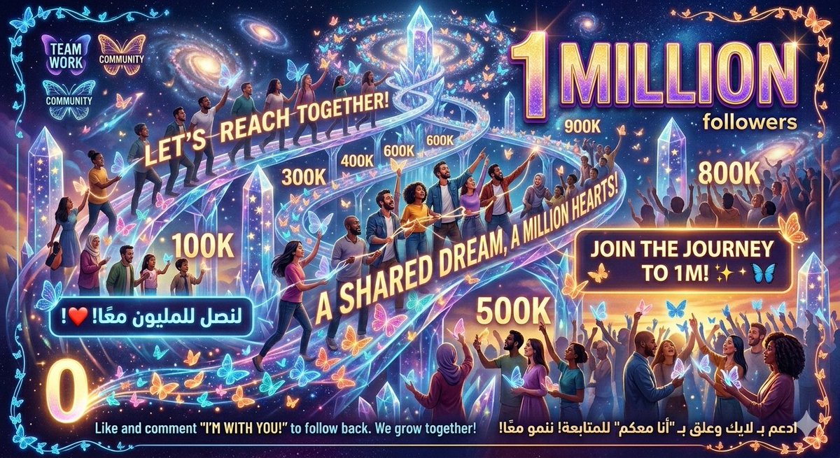 "رحلة الألف ميل تبدأ بخطوة، ورحلة المليون تبدأ بكم! 🚀✨ انضموا إلينا في هذه المغامرة الملحمية لنصل إلى المليون متابع! 🦋 اترك لايك ورتويت  وعلق بـ "أنا معكم" وسأضيفك لنحتفل بكل خطوة نخطوها معًا! 💪🎉
.
#طريق_المليون #معًا_نصل #اكسبلور #دعم_متابعين #زيادة_متابعين #تفاعل #فولو