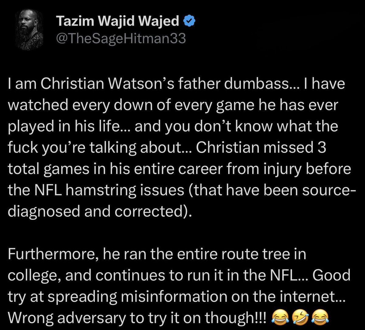 CHRISTIAN WATSON‘S FATHER COOKED THIS FAN ON SOCIAL MEDIA LAST NIGHT.

💀💀💀

Damn.

The fan posted this:   Watson’s father responded: