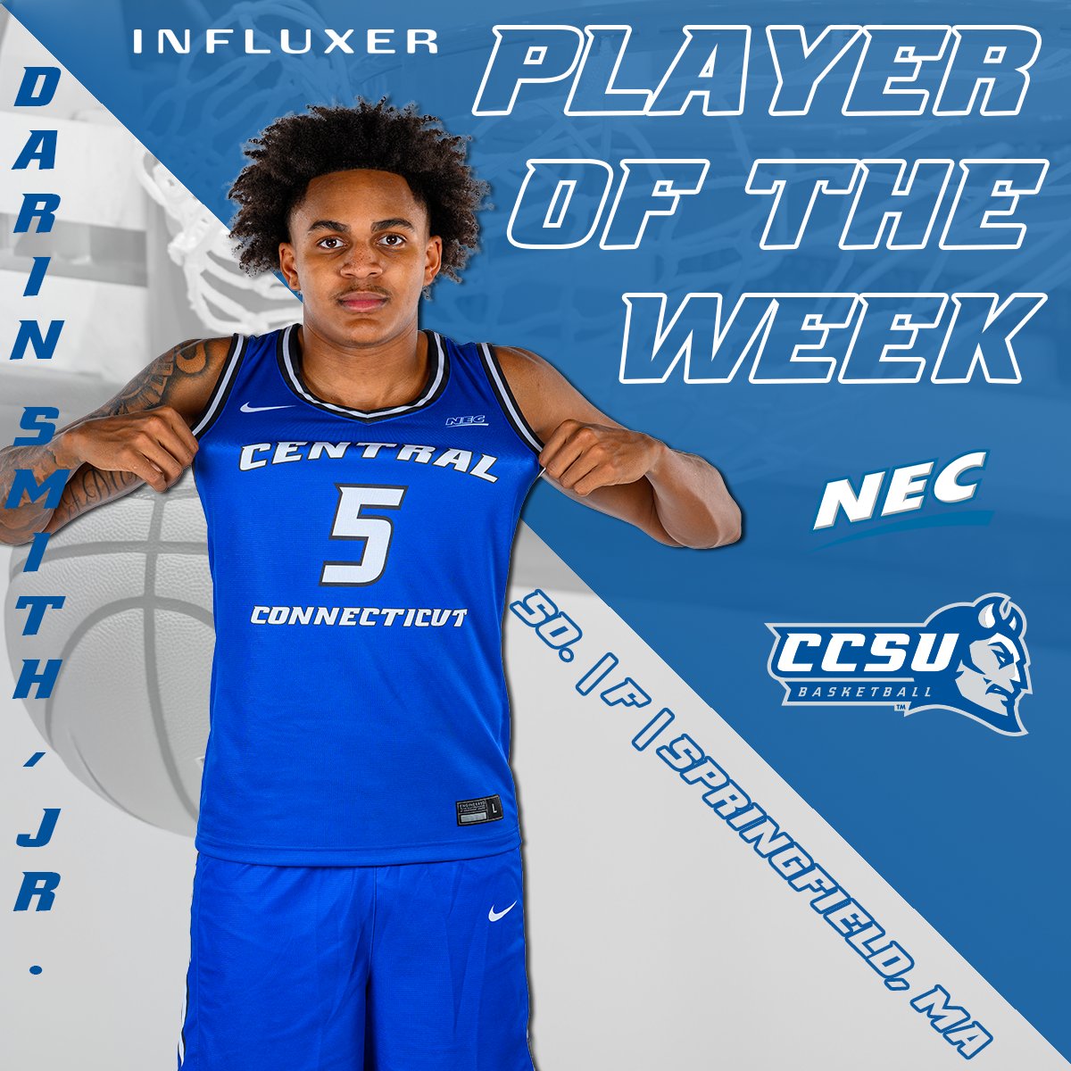 CCSUBlueDevils's tweet photo. 🏀 @ccsu_mbb Darin Smith, Jr. was named @INFLUXERAPP  @necsports  Player of the Week on Monday! Max Frazier was named Prime Performer!

🏀 Smith: 23.0 ppg, 5.5 rpg, 52% FG%
🏀 Frazier: 13.5 ppg, 9.0 rpg, 76.5% FG%

#GoBlueDevils | #NECMBB https://t.co/PbHNuBd9i6