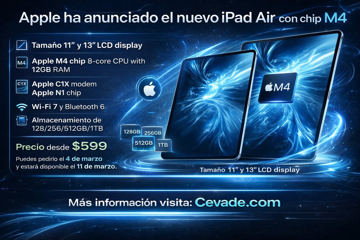 CeVaDe's tweet photo. Apple anuncia el nuevo iPad Air con chip M4
📍 #Infografia #Apple #AppleLaunch #Technology #iPadAir #iPad 
💾 https://t.co/nV2coqTfIK
📢 Atte. Cesar Vallejo de la Torre https://t.co/VBdaBCE1MV