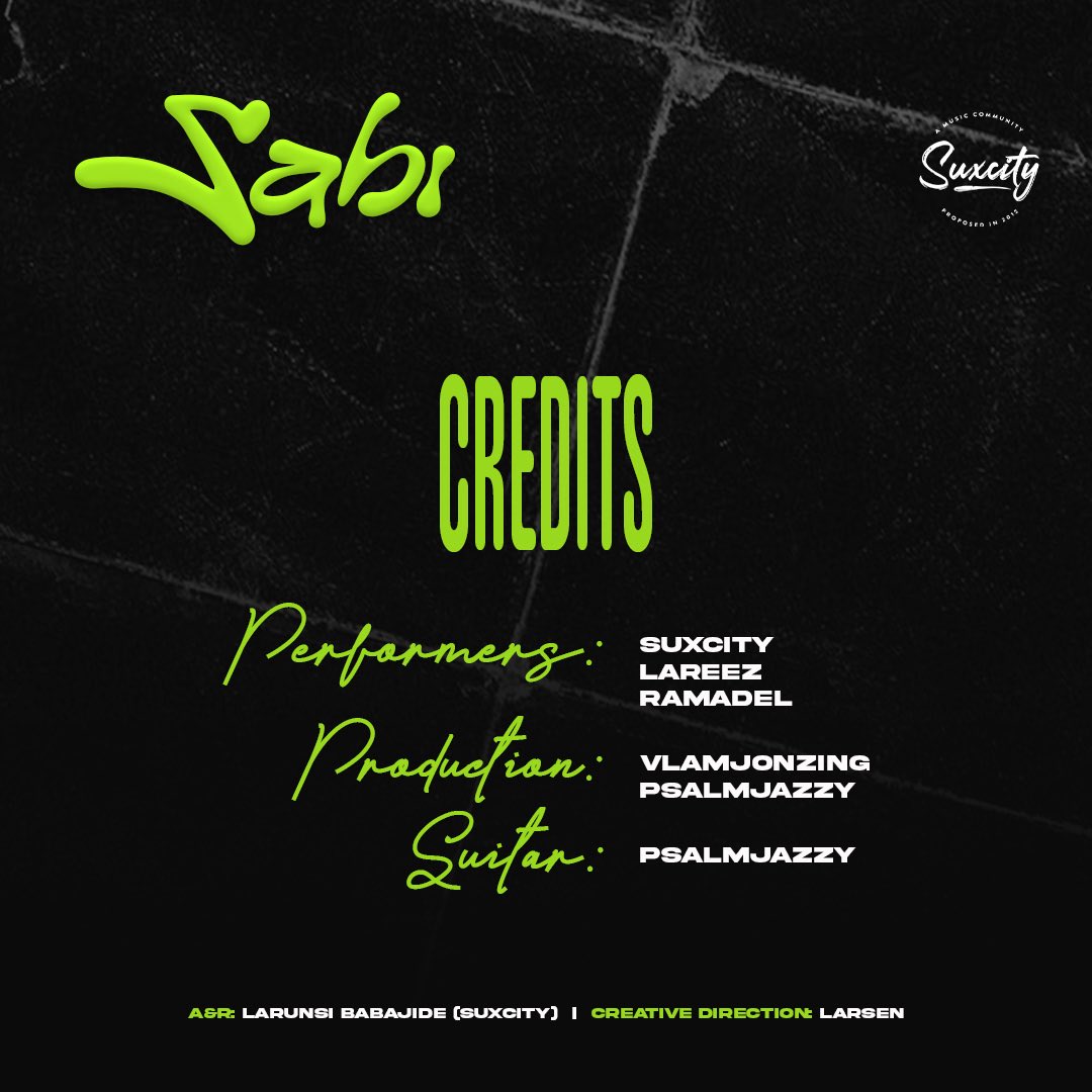 Suxcity teams up with Lareez &amp; Ramadel to bring you an inspirational street anthem “Sabi.” A record that blends afrobeats, hiphop and Fuji elements. 
Produced by Vlamjonzing and Psalmjazzy 
<a href="/vlamjonzing/">Victor oyelami #BPA</a> <a href="/Official_Lareez/">#NP Love_-_You.mp3</a> 
Presave here: sux.lnk.to/Sabi