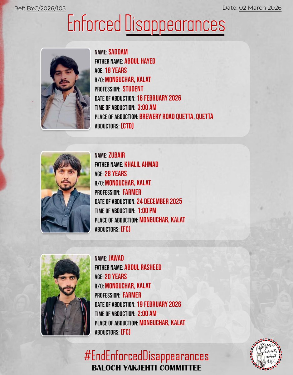 BalochYakjehtiC's tweet photo. 𝗘𝗻𝗱 𝗘𝗻𝗳𝗼𝗿𝗰𝗲𝗱 𝗗𝗶𝘀𝗮𝗽𝗽𝗲𝗮𝗿𝗮𝗻𝗰𝗲𝘀!

#EndEnforcedDisappearances
#StopBalochGenocide https://t.co/hSfheI7KQh