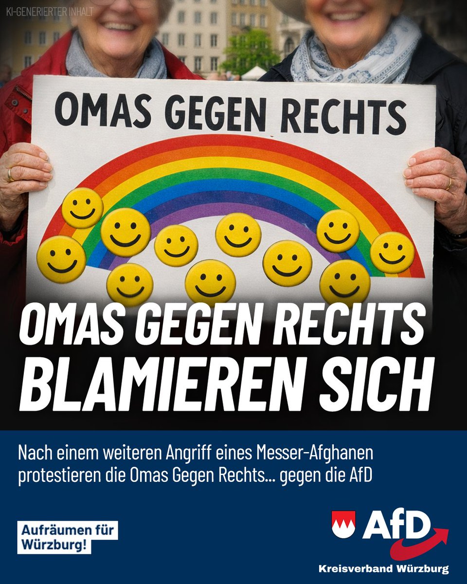 halemba_daniel's tweet photo. ❗️In Würzburg attackierte am 23. Februar 2026 ein 35-jähriger Afghane die Zeugen Jehovas mit einem Messer am Hauptbahnhof. Mutige Passanten überwältigten den Täter. 

Nur Tage später führten die linksextremen „Omas gegen rechts Würzburg“ eine Menschenkette für „Vielfalt, Respekt und Zusammenhalt“ rund ums Rathaus an – symbolisch um „fünf vor zwölf“ vor den Kommunalwahlen. 

Es gab kein Wort zu den Opfern oder zur Messergewalt. Die bittere Ironie: Während importierte Gewalt die Stadt belastet, priorisieren manche Ideologie über Sicherheit. Würzburgs blutige Chronik mahnt: Die Realität schlägt hohle Phrasen und staatlich finanzierte Demos.