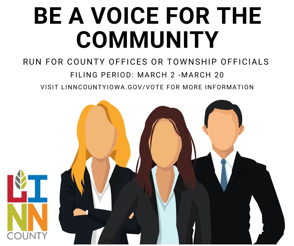 Candidate Filing for the 11/3 General Election begins on 3/2 and ends 6/2 for Township Offices and those running for a county partisan office outside of the two major parties. 

More info at linncountyiowa.gov/862/Even-Year-…