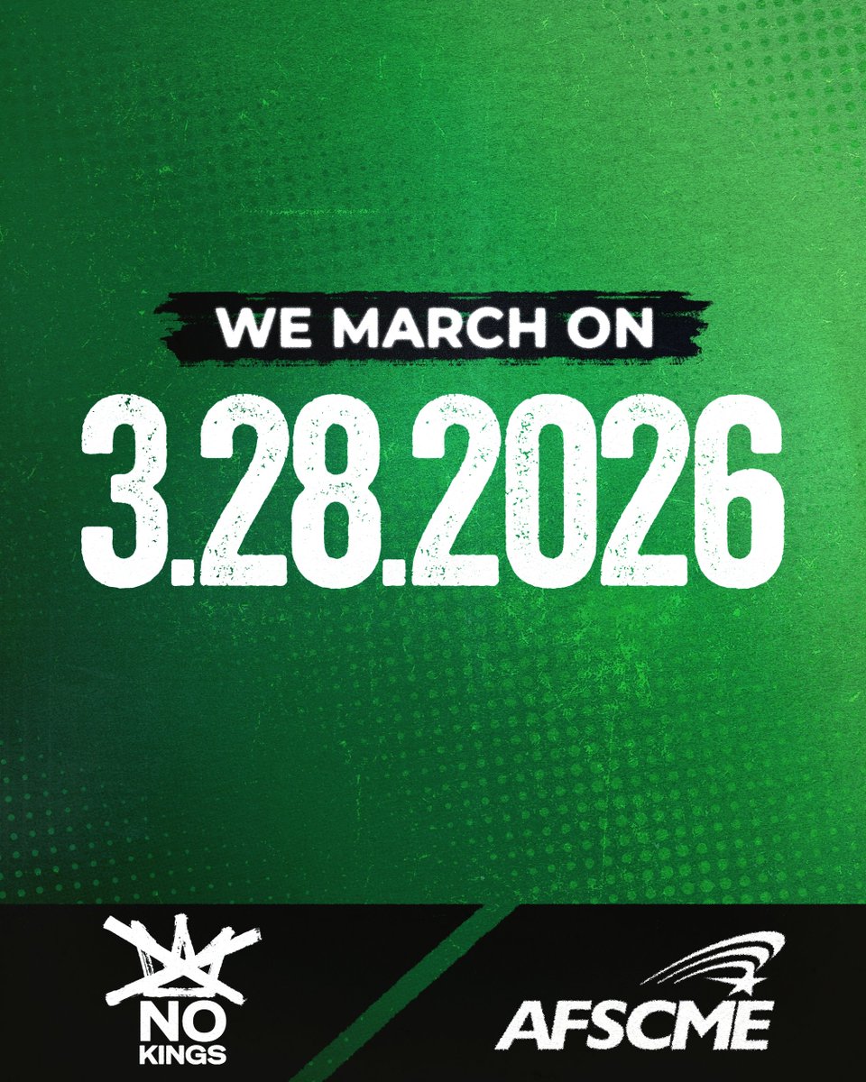 AFSCME's tweet photo. On March 28, AFSCME members and retirees nationwide are coming together to claim our power. Together with @No_Kings, we are taking to the streets to say loud and clear: Put working people first!

Make a plan and find a #NoKings event near you: https://t.co/FM9yVk0z7F https://t.co/KPE4vDN3xr