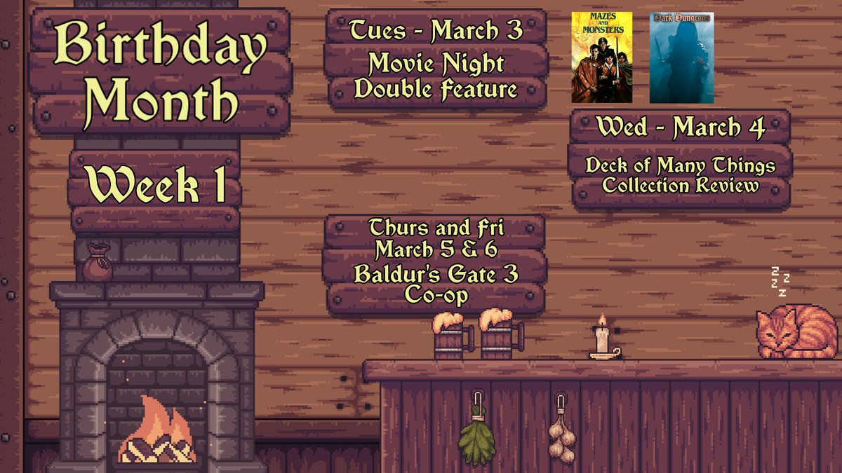 Here is this week's schedule for TTRPG themed Birthday Month!

Tues @ 8pm EST - Double Feature Movie Night for 2 infamous films.

Wed @ 8pm EST - We review my collection of the Deck of Many Things (probably world's largest)

Thurs and Fri @ 6pm EST - BG3 Co-Op streams.

Later!