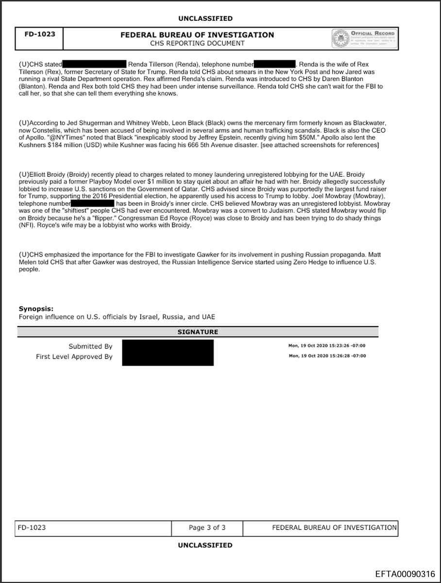 dotmatryx's tweet photo. Epstein files describing his training as a spy for Mossad at the direction of Israeli Prime Minister Ehud Barak.

EFTA00090314

The document you shared is an FBI FD-1023 (CHS Reporting Document), dated October 19, 2020 (report date), based on contact from October 16, 2020. It comes from recently released batches of Jeffrey Epstein-related files under the Epstein Files Transparency Act (and related DOJ releases in late 2025/early 2026).

Bates page number: EFTA00090314 (this is the standard Bates stamp identifier shown at the bottom of the page in the released PDF version, e.g., "EFTA00090314" on page 1 of 3).

Data set / context: This is part of the massive DOJ/Epstein file releases (millions of pages total, including investigative reports like this FD-1023). It appeared in one of the large batches around January 30, 2026, and has been widely discussed for its unverified allegations from a Confidential Human Source (CHS) about Epstein, Alan Dershowitz, Ehud Barak, Mossad ties, etc.

The source ID is S-00099701 (note: sometimes rendered as S-000099701 in transcriptions, but the document shows S-00099701).

This FD-1023 is an FBI summary of reporting from a confidential informant (not evidence itself, but raw intelligence/tips), and similar coverage has appeared in outlets like Anadolu Agency, Tehran Times, and others referencing the same release. The allegations remain unverified and are presented as the source's beliefs, not confirmed facts.