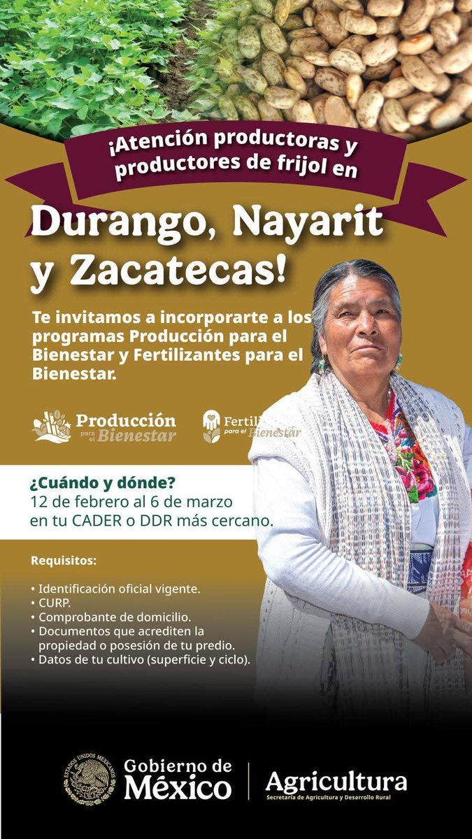 Productora ó Productor de FRIJOL en Durango, tienes hasta el viernes 06 de marzo para Incorporarte a los Programas de Producción para el bienestar y fertilizantes para el bienestar, acude cuanto antes al CADER o DDR mas cercano, no te quedes fuera
<a href="/JulioBerdegue/">Julio Berdegué</a> <a href="/ismaelayala7/">Ismael Ayala Salazar</a>