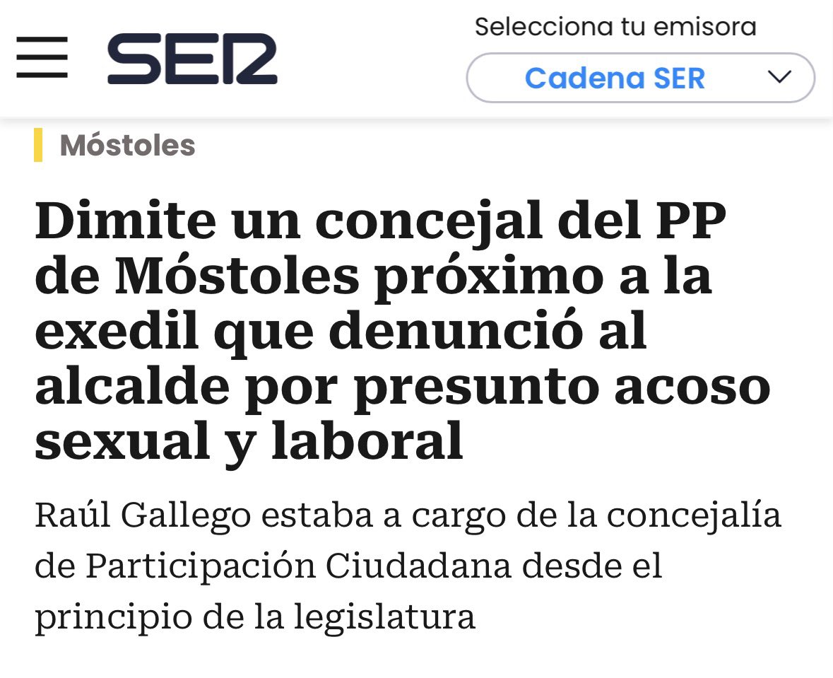Hacen dimitir a la concejal del PP acosada
Cesan a la diputada que la apoya
Provocan la dimisión del concejal pareja de la diputada que apoya a la acosada 
No dimite el alcalde acosador
No dimite la diputada que amenaza a la acosada
No dimite el diputado que miente 
El PP Ayuso