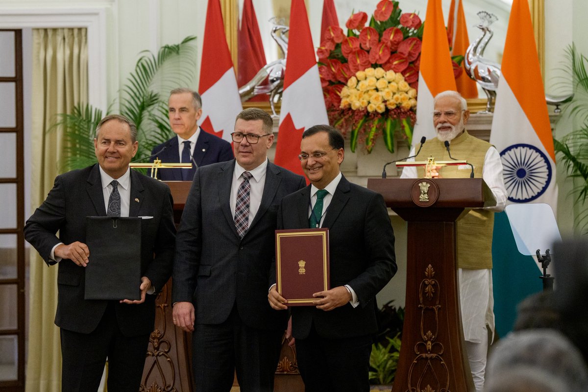 cameconews's tweet photo. Cameco CEO @TimGitzel joined Indian Prime Minister
@narendramodi , Canadian Prime Minister @MarkJCarney , Saskatchewan @PremierScottMoe 
and Indian High Commissioner to Canada @DineshKPatnaik in New Delhi to celebrate a new nine-year uranium supply agreement between the two countries. Starting in 2027, Cameco will supply nearly 22 million pounds of uranium ore concentrate to India for use in its civil nuclear energy program - a contract valued at approximately CA$2.6 billion.  "The global demand for secure, carbon-free nuclear power is rising rapidly, and India is at the forefront with ambitious expansion plans for its civil nuclear energy program. Cameco will play a pivotal role by providing Saskatchewan-mined uranium to help fuel the energy needs of India's growing population and industries, as well as further solidify the vital trade relationship between our two countries. We are thankful for the continued advocacy of the Saskatchewan and Canadian governments to foster international trade opportunities that allow us to meet the needs of global customers and bring the benefits home," said Gitzel.