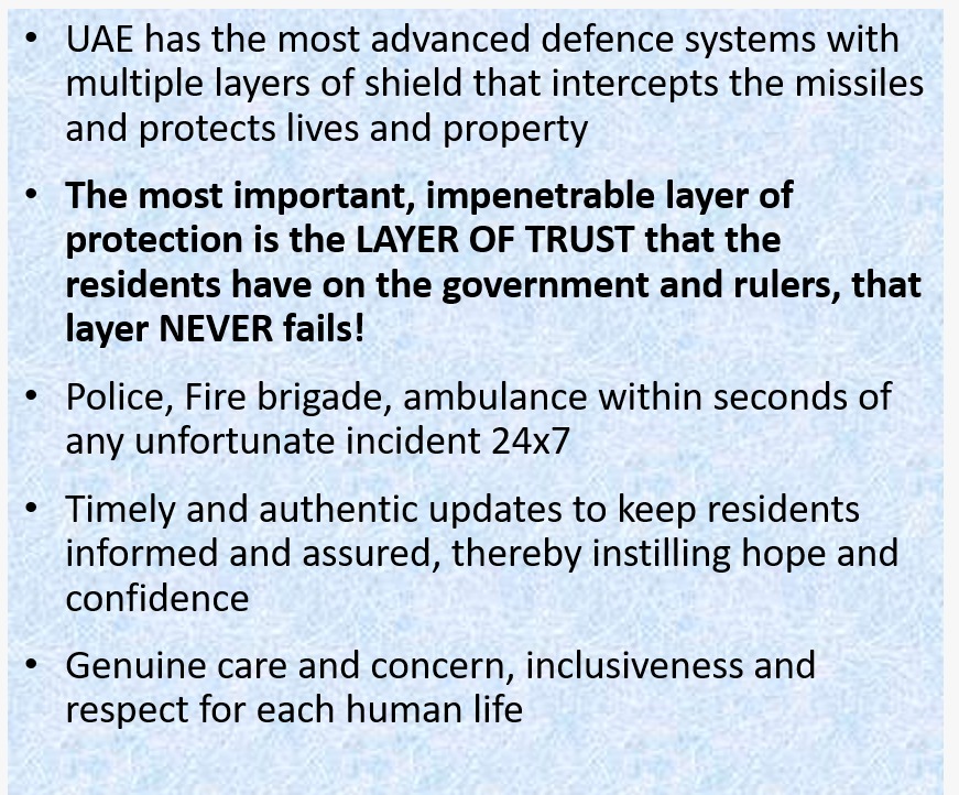 pklearn's tweet image. Fam/friends: R U safe?
YES
I m Safe &amp;amp; Secured. My faith in both #UAE &amp;amp; Spirit of UAE is solid, Unshaken
As cared for, as I wud hv felt in my motherland.
Given the respectful relationship, UAE &amp;amp; India shares, I feel protected
#PARceptions 🇮🇳
Proud to stand with my 2nd home  🇦🇪 👇