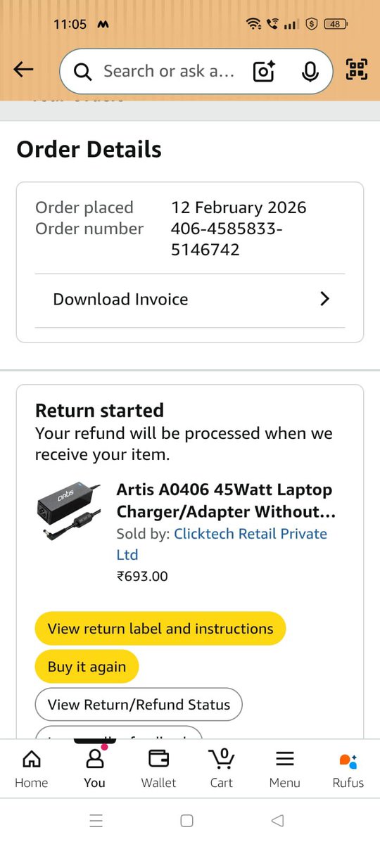 RealKumaraadi's tweet photo. @AmazonHelp placed an order for Artis A0406 45W Laptop Charger (Order ID: 406-4585833-5146742) on 12 February 2026. I received the item with a missing part, making it incomplete and unusable.I have already initiated a return, and it was picked up on 24 February 2026.
#Consumers https://t.co/33F5fD0koG
